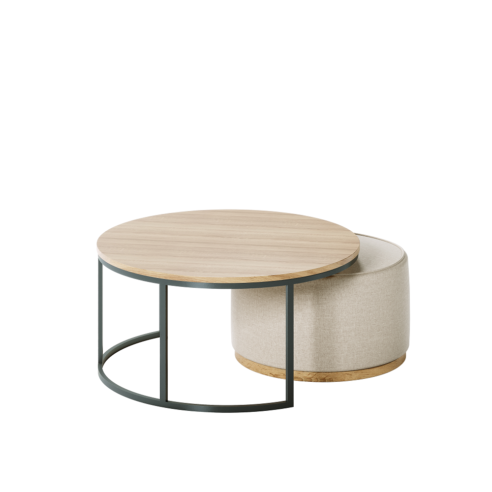 Retirement Occasional Laurent Nesting Tables - Timber & Upholstered Ottoman, natural stain, side view